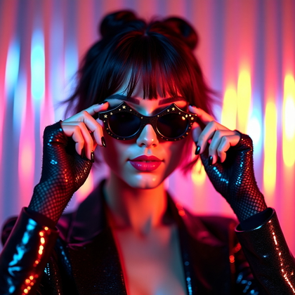 AI-generated photo: Photorealistic 1980s studio portrait photograph with an iridescent mylar foil curtain backdrop, tigh...