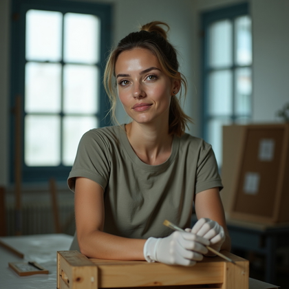 AI-generated photo: Photorealistic portrait photograph in a museum prep room where a tall clerestory window-frame gobo t...