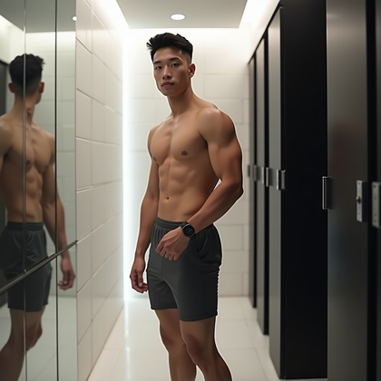 AI-generated photo: Photorealistic fashion fitness photography with a luxe spa-locker vibe: white tiles, matte black loc...