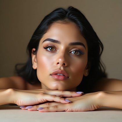 AI-generated photo: Photorealistic editorial beauty portrait photography, tight head-and-shoulders shot in a studio with...