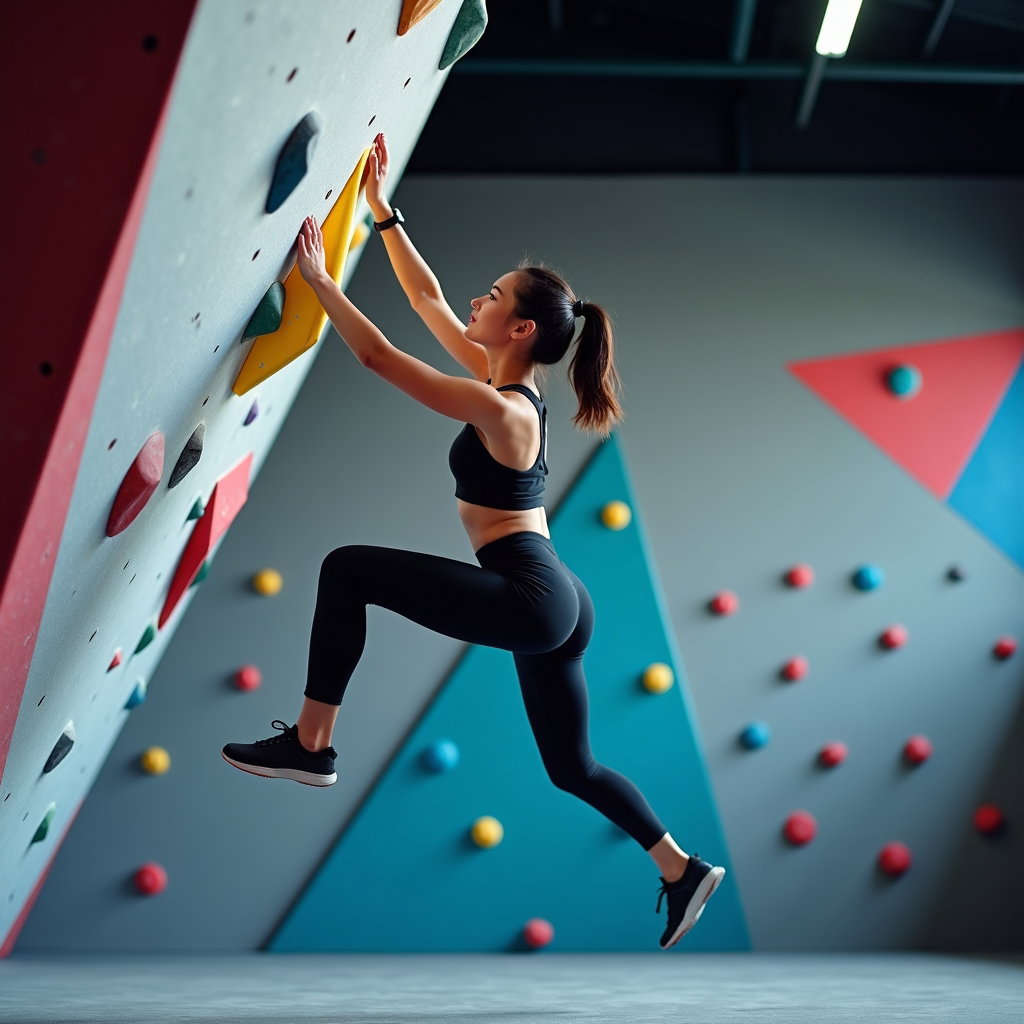 AI-generated photo: Photorealistic fitness photography of an indoor bouldering dyno in a contemporary climbing gym, subj...