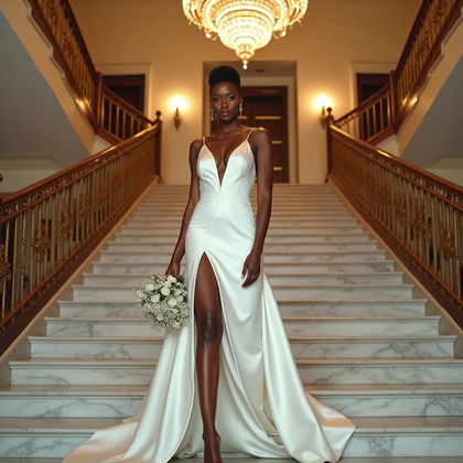 AI-generated photo: Photorealistic bridal fashion photography; full-length portrait on a marble staircase in a grand hot...