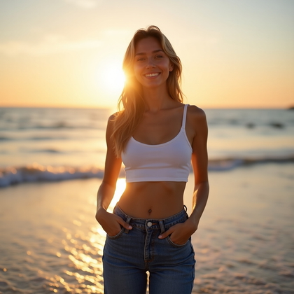 AI-generated photo: Photorealistic photography. Sunrise beach reveal at the waterline with warm backlight flaring around...