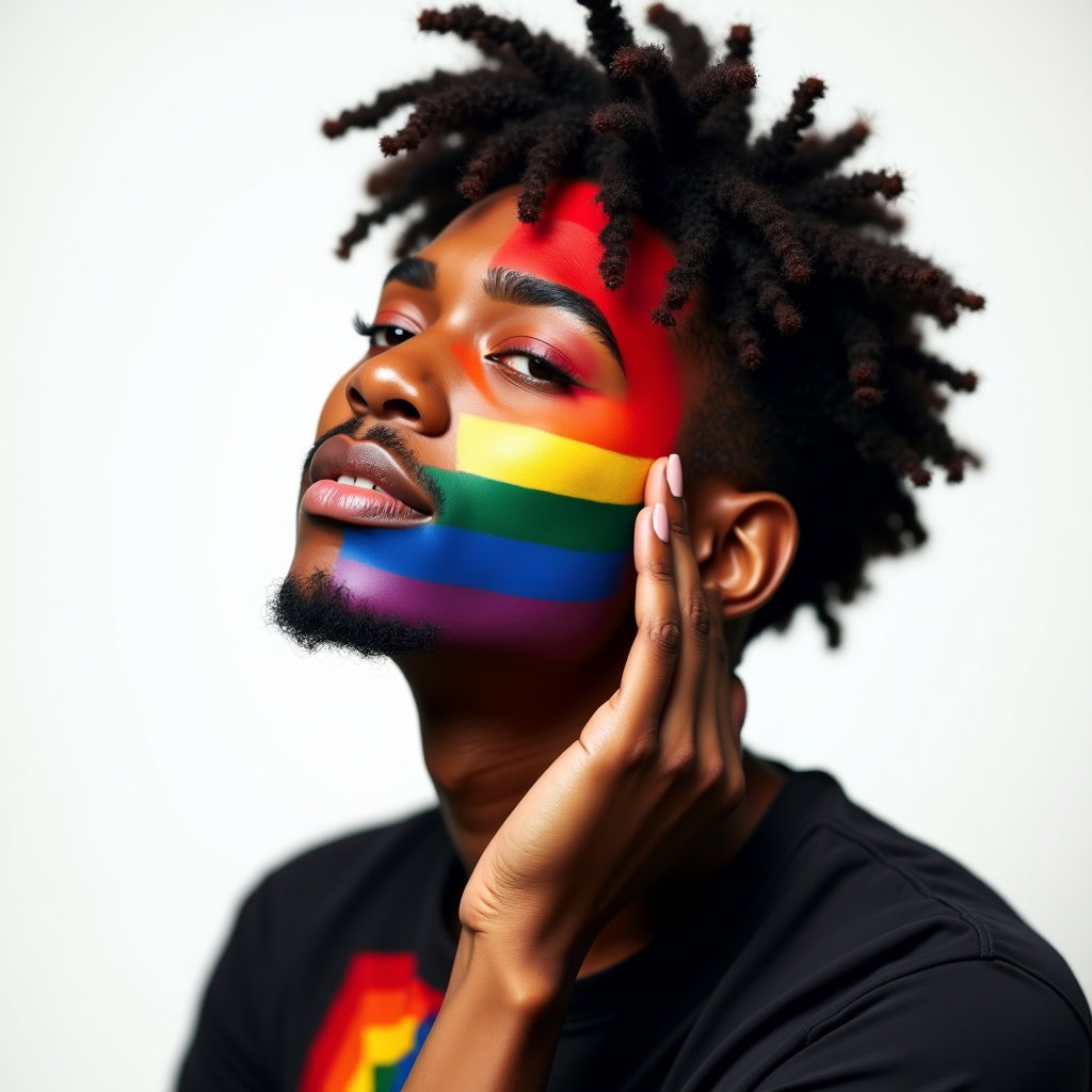 Close-Up Pride Makeup and Face Paint Portraits example: Photorealistic studio portrait photography. Half-body portrait with the subject angled slightly toward the light, one ha