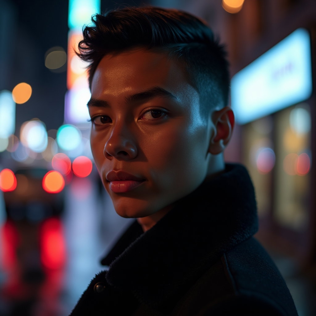 Rainy Night Street Vamp Portrait example: Dating profile photo, photorealistic profile/avatar crop with a tight head-and-shoulders framing against a rainy night s