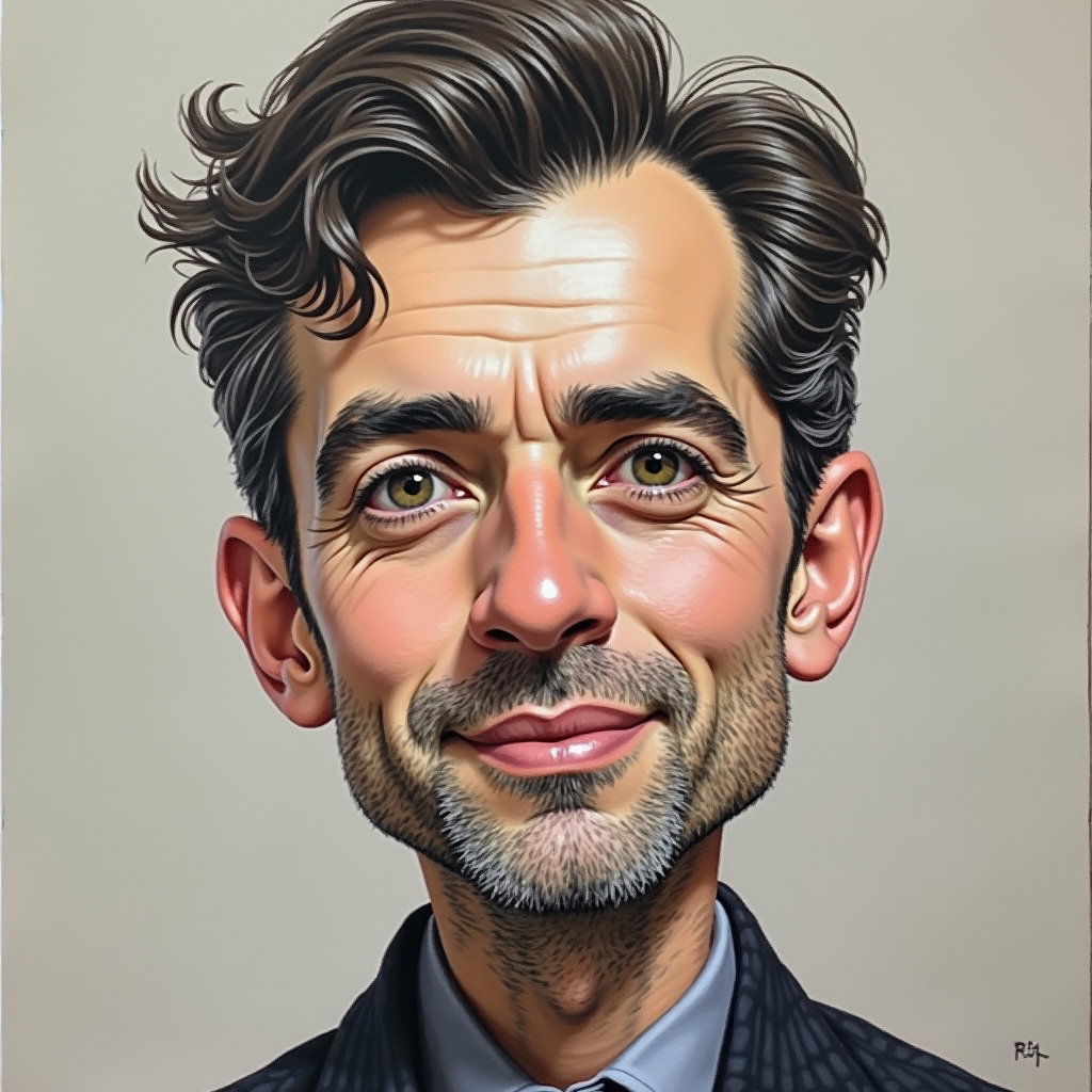 AI-generated photo: Soft pastel and conté drawing. On warm gray sanded paper, a straight-on bust caricature is built wit...