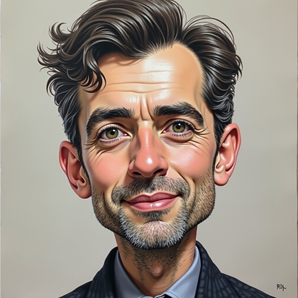 AI-generated photo: Soft pastel and conté drawing. On warm gray sanded paper, a straight-on bust caricature is built wit...