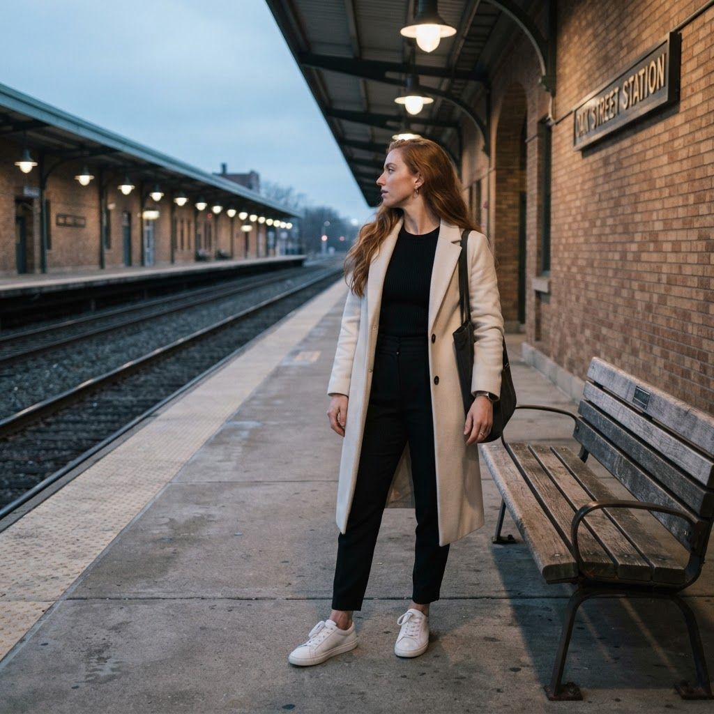 Longline Coat at a Train Platform: Full-length personal photo on a quiet, empty commuter rail platform with brick station walls and a long row of overhead lights.