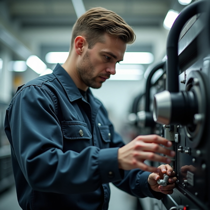 AI-generated photo: Photorealistic professional military lifestyle photo of a technical specialist in uniform working co...