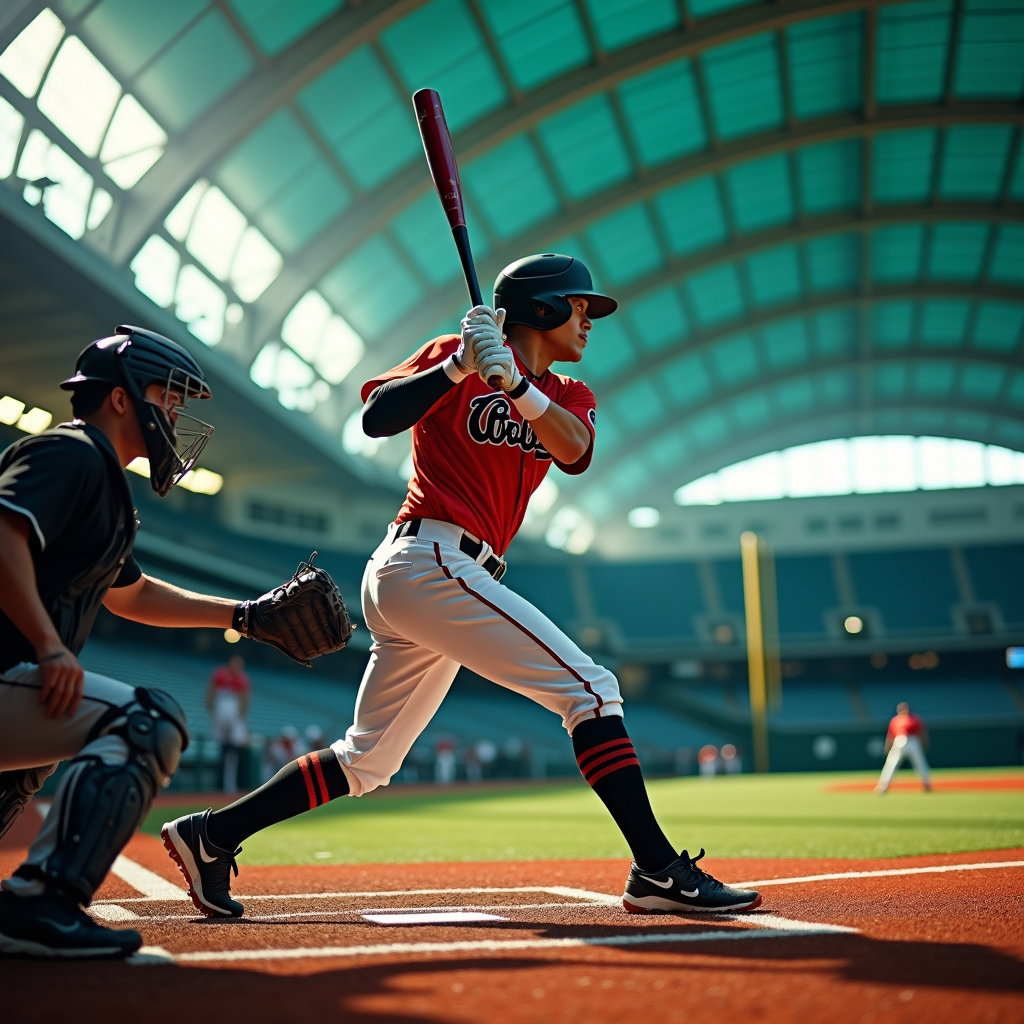 AI-generated photo: Professional editorial sports photograph inside a modern dome with semi-translucent roof panels, usi...
