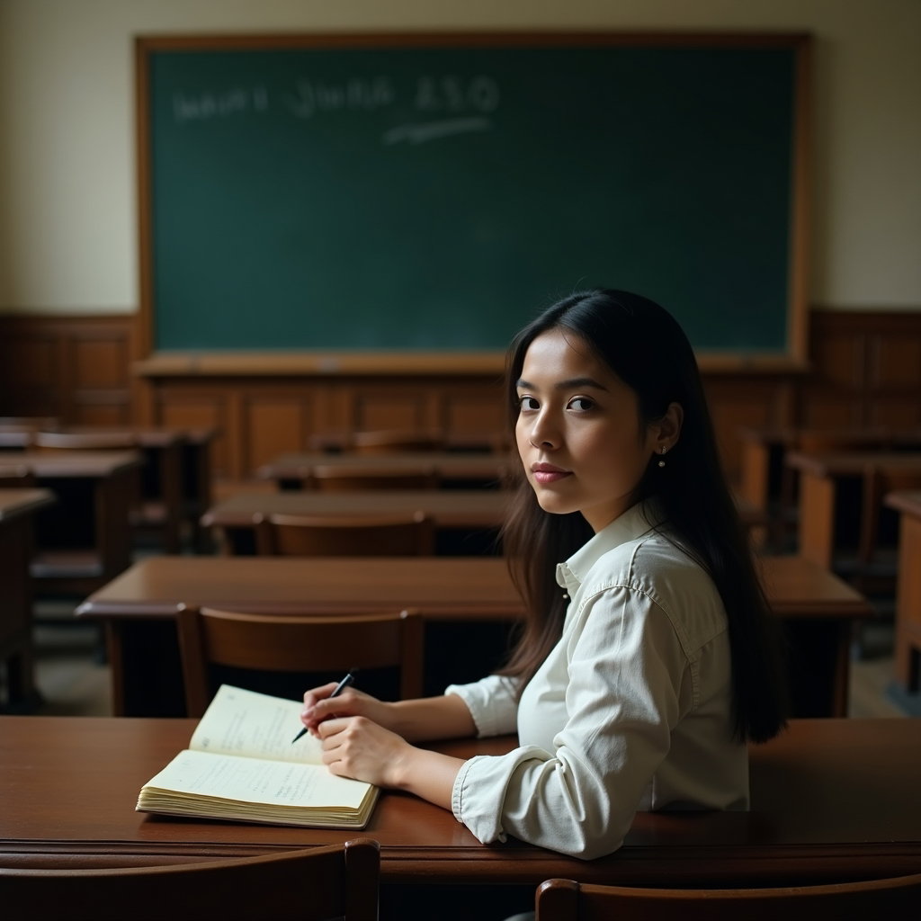 Lecture Hall Silence: Melancholic wide portrait in a historic lecture hall with a large blank chalkboard at the front, the person seated in the front row but…