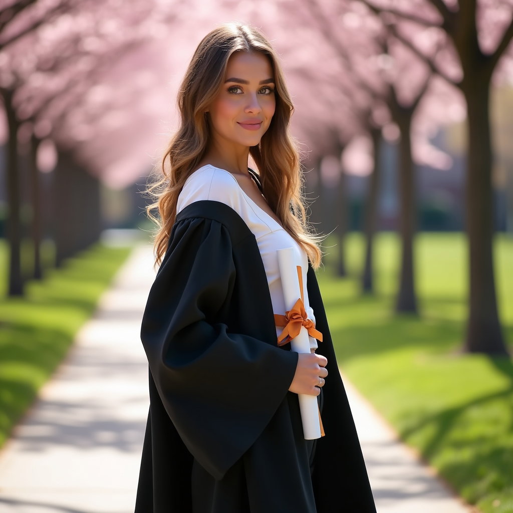 AI-generated photo: Professional fashion portrait photo, a soft over-the-shoulder graduate portrait staged beside a row ...