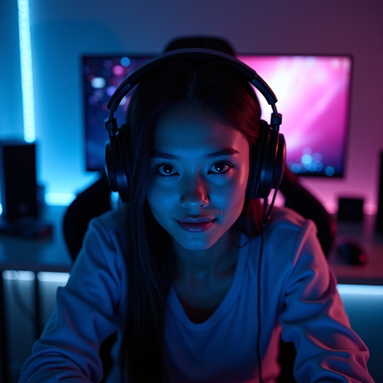 AI-generated photo: Photorealistic gaming portrait photography. The subject sits at a gaming setup with the camera frame...