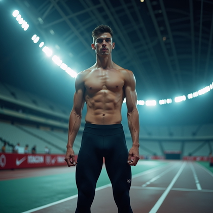 AI-generated photo: Photorealistic fashion photography, full-body image of an Olympic competitor standing in a tunnel ju...