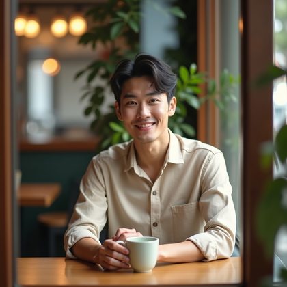 AI-generated photo: Photorealistic lifestyle portrait photo at a cozy café window, soft late-afternoon light pouring thr...