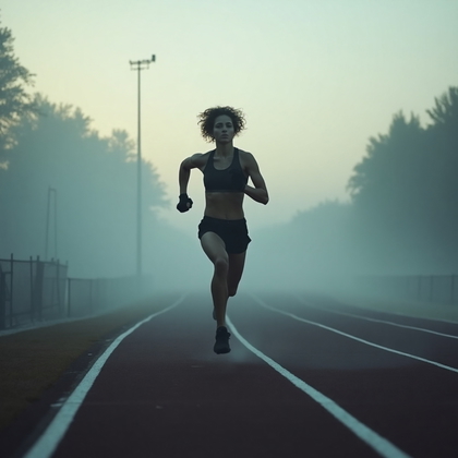 AI-generated photo: Photorealistic photography of a UFC fighter running sprints on an outdoor track at dawn. The track i...