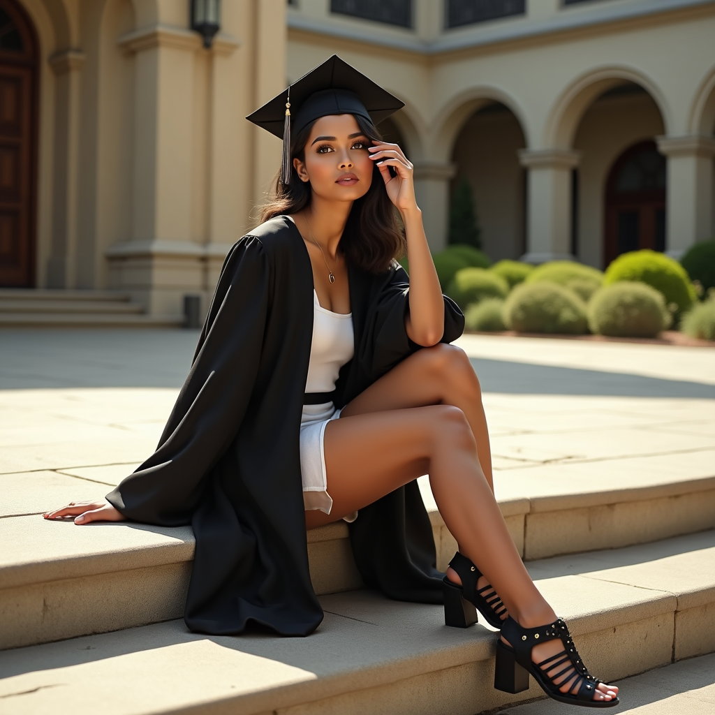 AI-generated photo: Photorealistic fashion portrait photography, the scene features a graduate seated on a sunlit stone ...