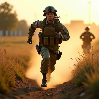 AI-generated photo: Photorealistic action photography. A dynamic low-angle shot shows a military member sprinting down a...