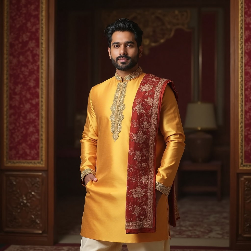 AI-generated photo: Cultural Attire Portrait featuring a man dressed in a traditional Indian kurta-pajama set, crafted f...