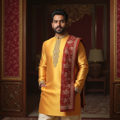 AI-generated photo: Cultural Attire Portrait featuring a man dressed in a traditional Indian kurta-pajama set, crafted f...