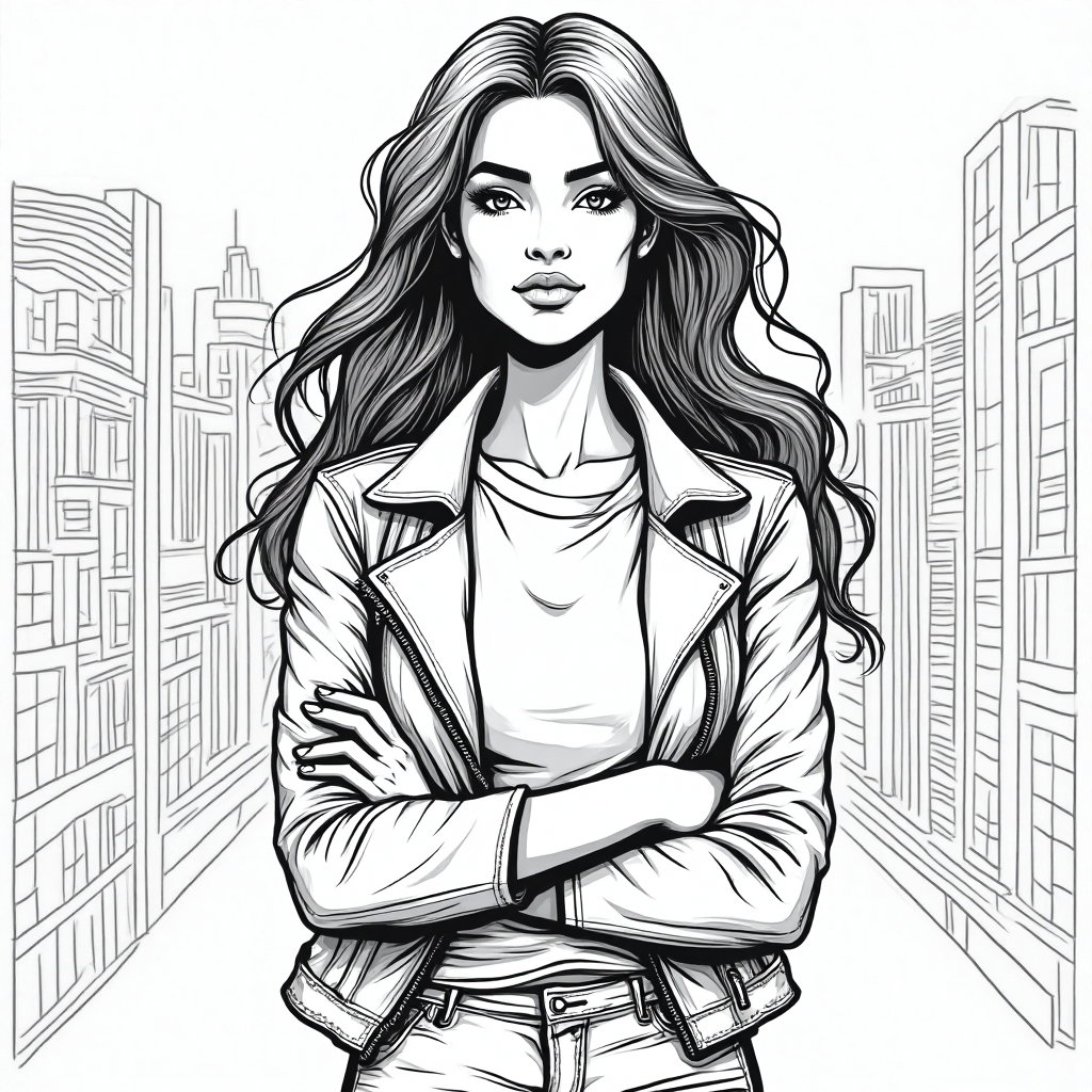 AI-generated photo: **Line Art Illustration.** Illustrate a young woman standing confidently in an urban setting, her ex...