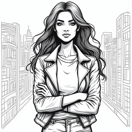 AI-generated photo: **Line Art Illustration.** Illustrate a young woman standing confidently in an urban setting, her ex...