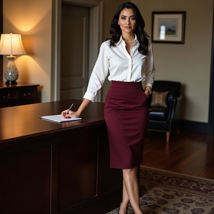 Jupe crayon et chemise boutonnée : photo classique de tenue d’entretien à côté d’un bureau de direction, la personne dans une chemise blanche impeccable rentrée dans une jupe crayon bordeaux profond…