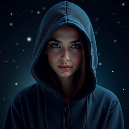 AI-generated photo: Photorealistic portrait photography. A mysterious astro-themed portrait of a person wearing a deep, ...
