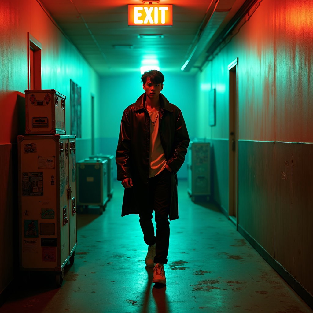 Rebellious Rock-Pop Album Cover Portraits example: Photorealistic music editorial portrait, environmental album cover scene in a neon-lit backstage hallway, the subject wa