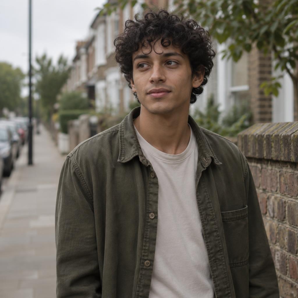 Grounded Indie-Film Portrait: Waist-up indie-film headshot on a calm street beside a low brick wall.