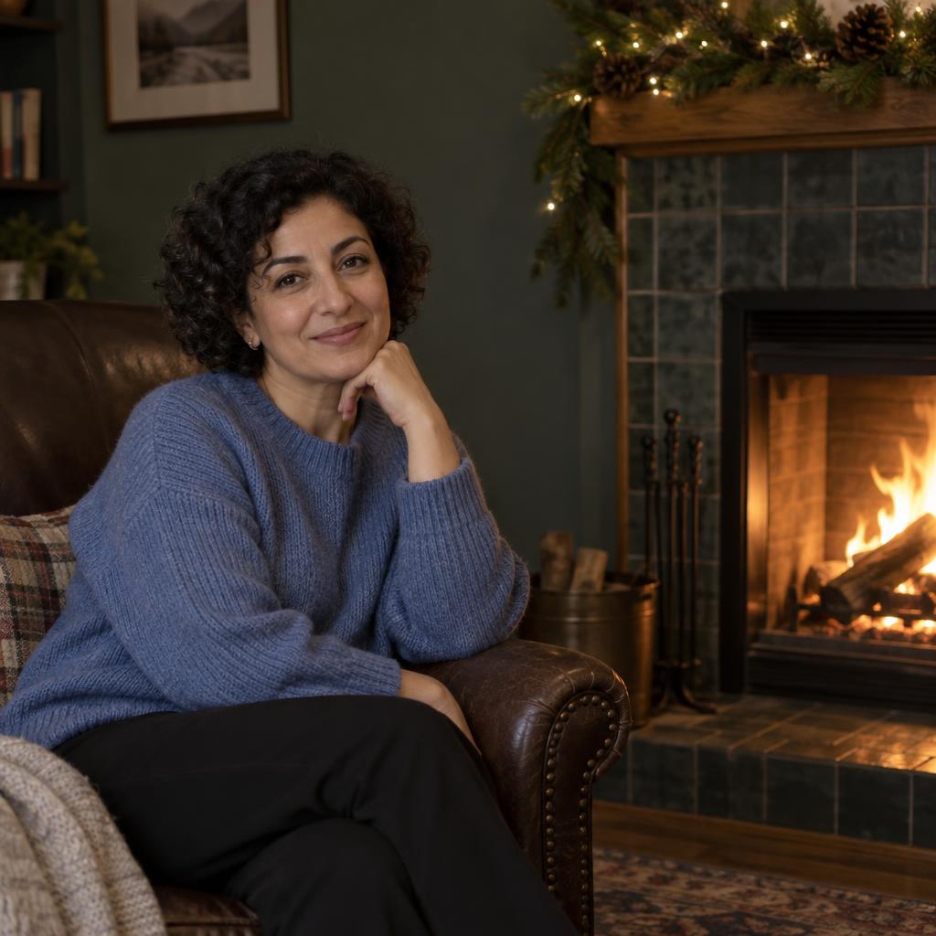 Fireside Seated Portrait: Photorealistic waist-up holiday portrait of one person seated in a dark leather armchair beside a glowing tiled fireplace.