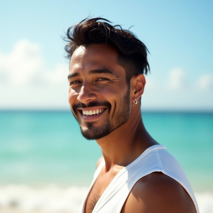 Soft White Swim Cover-Up Portrait example: Photorealistic profile portrait photography. Tight profile/avatar crop of the subject from shoulders up in a soft white