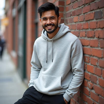 AI-generated photo: Charming Smile Portrait featuring a man in a casual, yet stylish ensemble consisting of a light grey...