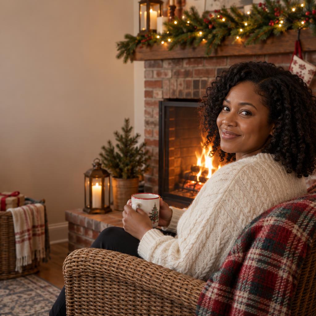 Fireside Seated Portrait: Photorealistic Christmas card portrait of one person seated in a woven armchair beside a glowing brick fireplace.