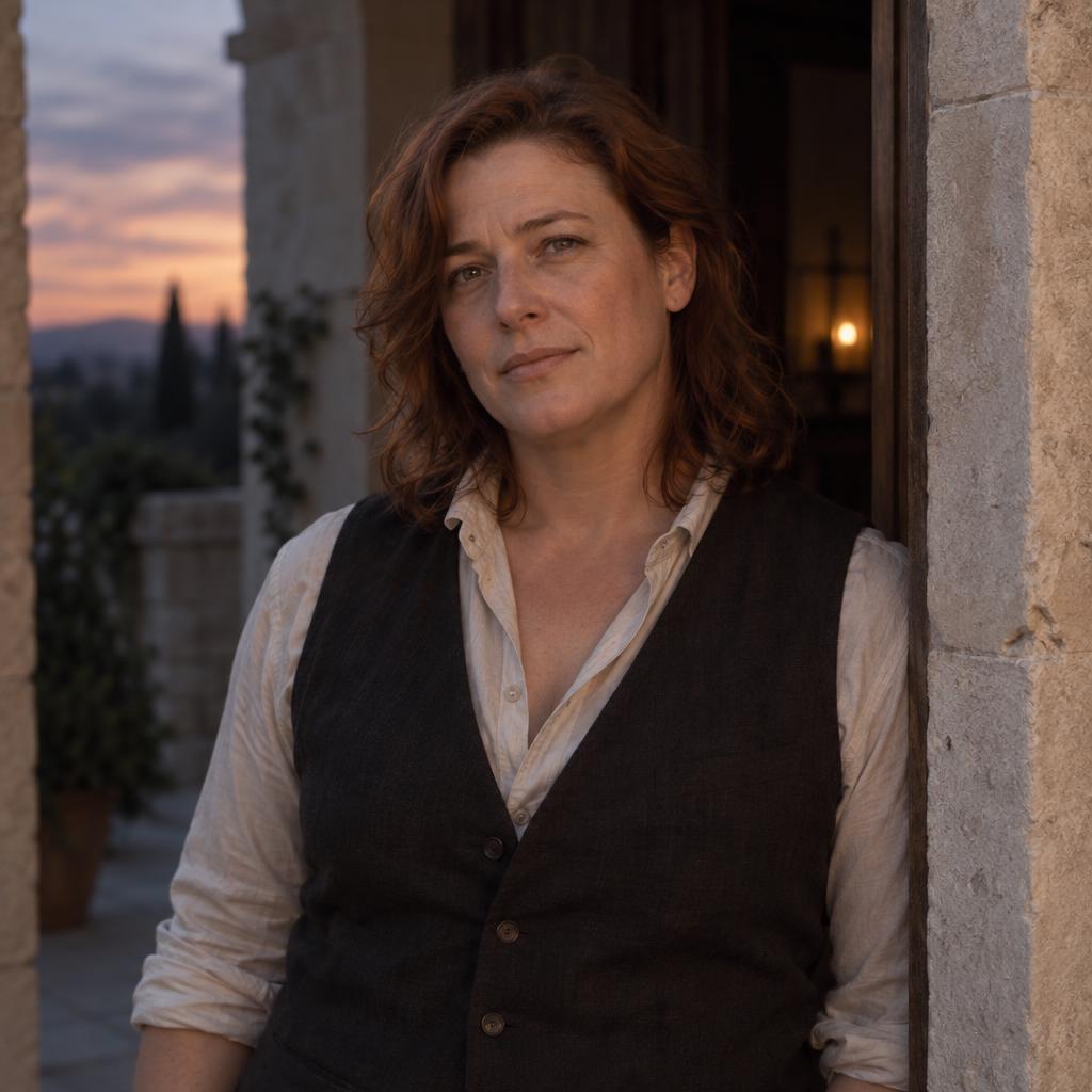 Romantic Period-Drama Lead: Waist-up portrait standing within a pale stone doorway at dusk, wearing a simple dark waistcoat and open-neck shirt.