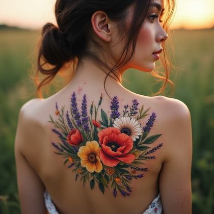 AI-generated photo: Photorealistic photography of a woman displaying a stunning watercolor-style floral back tattoo. Thi...