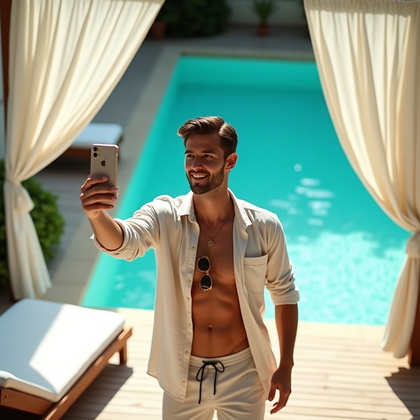 Photorealistic lifestyle selfie photo in a shaded resort cabana beside a geometric turquoise pool, white curtains billowing slightly and a teak lounger setting a luxe tone. Arm’s-length framing with a gentle top-down tilt, the phone angled away from the face so the eyes are unobstructed, poised half-smile, relaxed shoulders. Wardrobe: tasteful swimwear under a relaxed linen overshirt left open, with sunglasses held in the free hand rather than worn. Soft, flattering open shade with bright sun reflecting off water to add sparkling catchlights, crisp color separation between cool aquas and warm neutrals, and leading lines from pool edges guiding attention to the subject.