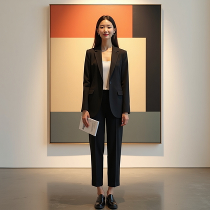 Photorealistic fashion-forward portrait in a contemporary art museum gallery, the subject positioned before a large-scale abstract color field painting, track lights forming a precise pool of illumination that sculpts the face and shoulders while keeping the background luminous but secondary. The outfit is refined minimalist—tailored blazer, sleek top, pressed trousers, and clean leather sneakers—hands holding a folded gallery brochure at mid-torso to signal cultural savvy without blocking the torso line. Composition centers the subject slightly off-axis using the rule of thirds, while the painting’s horizontal bands act as graphic strata behind the head, and polished concrete floors add subtle reflections that echo the silhouette. The subject gives calm, confident eye contact with a soft closed-mouth smile, chin slightly lowered to project approachability; a subtle fill from the pale walls lifts shadows without flattening features. The overall color palette is muted neutrals with one accent hue sampled from the artwork, achieving a high-end editorial vibe suitable for dating or personal brand galleries.