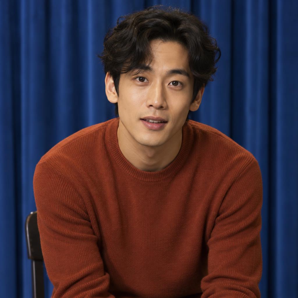 Musical-Theater Presence: Chest-up headshot seated upright on a plain theater stool, with royal-blue curtains filling the background.