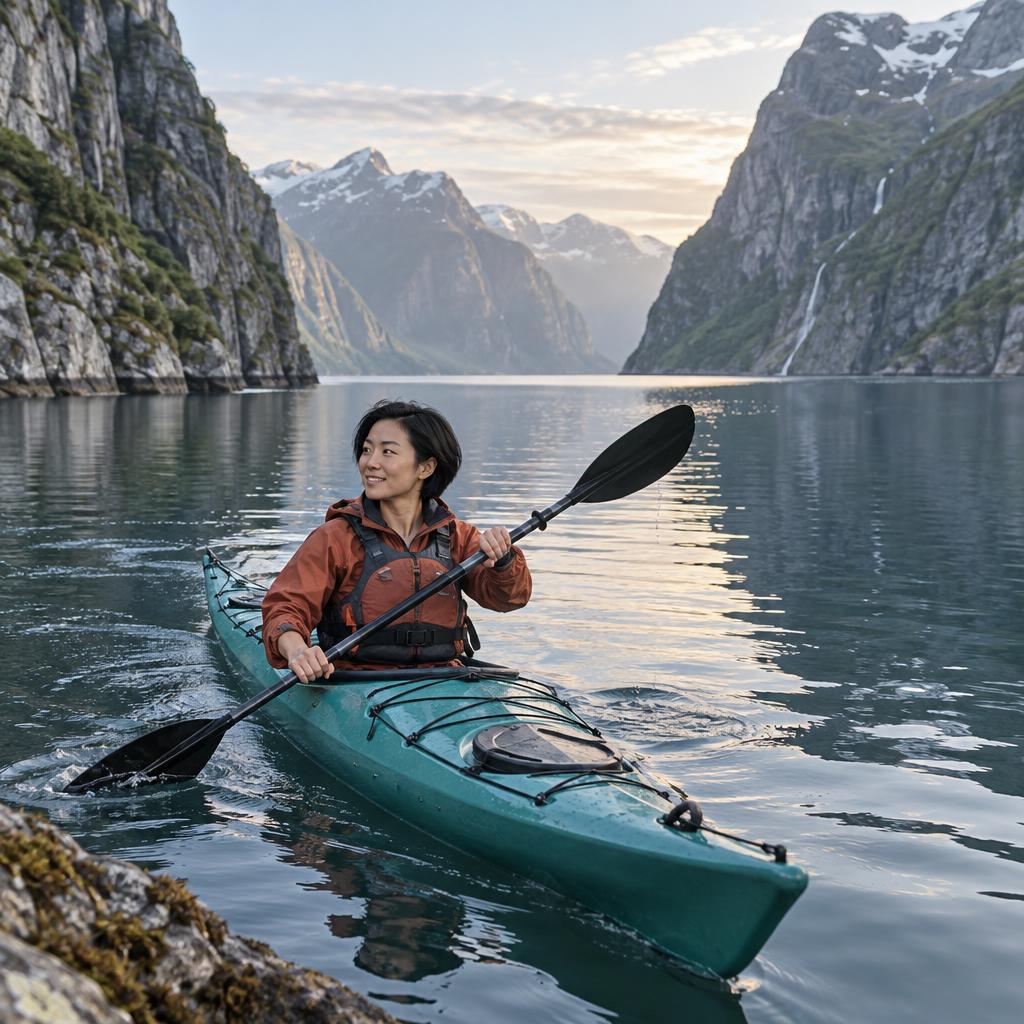 A Solo Outdoor Adventure: A high, wide personal photo from a rocky fjord overlook: one paddler in a teal kayak pulls through glassy water, wearing a rust-colored life…