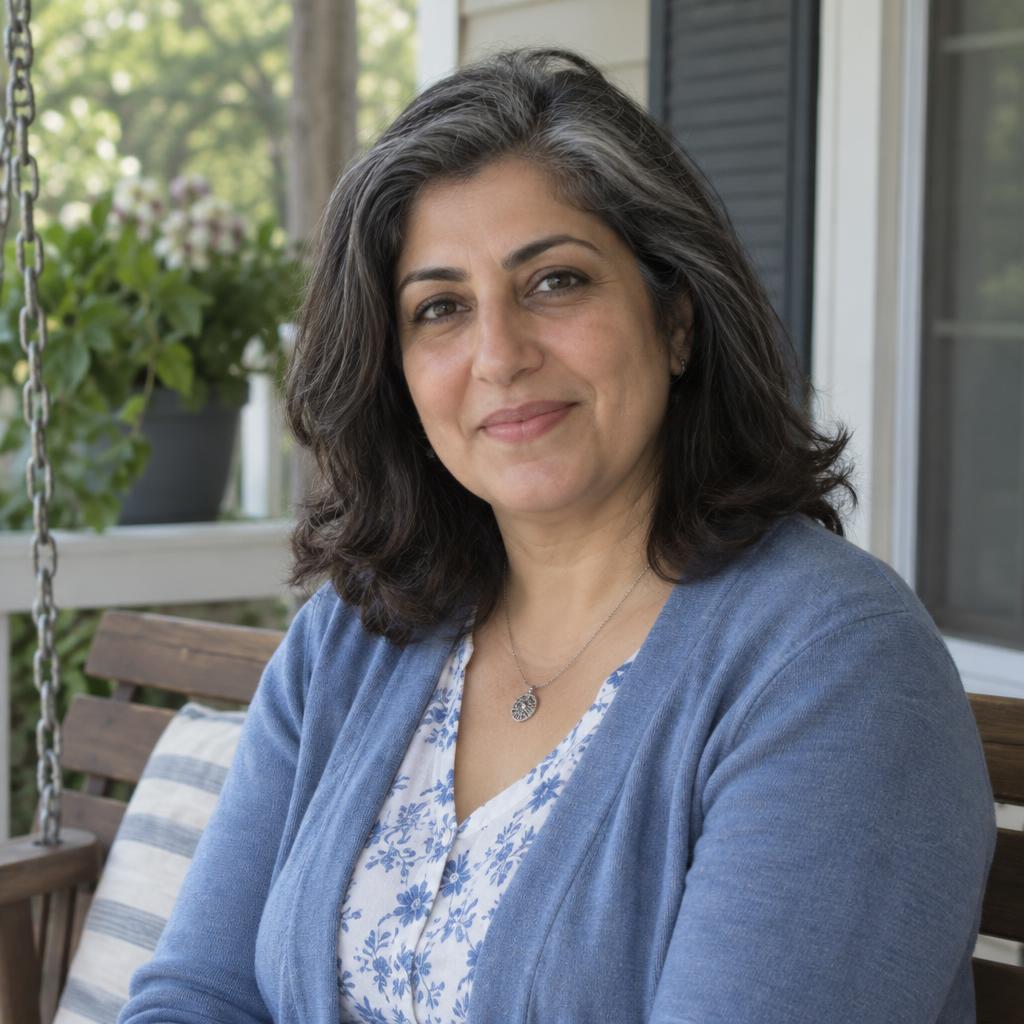 Warm Neighborly Character: Natural chest-up headshot seated on a front-porch swing, with just enough of the swing visible to establish the setting.