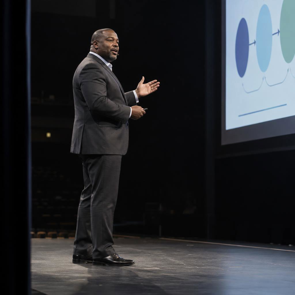 Career Breakthrough Onstage: Full-length side view from the stage wing of a speaker mid-sentence, one open hand lifted toward a large screen with an unlabeled diagram.