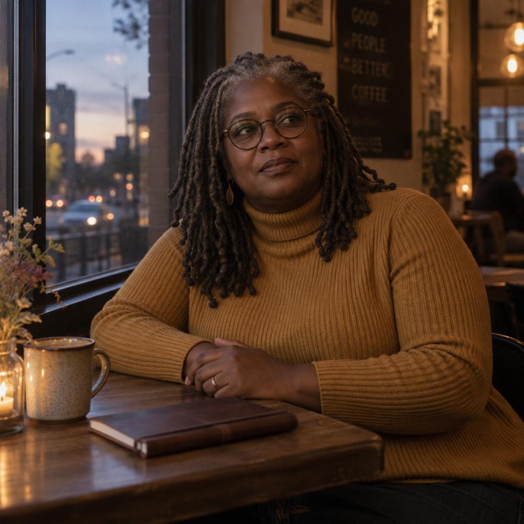 Coffee-Shop Film-Grain Portrait: Waist-up portrait of one person seated at a corner café table by a window at dusk, wearing round glasses and a mustard ribbed turtleneck.