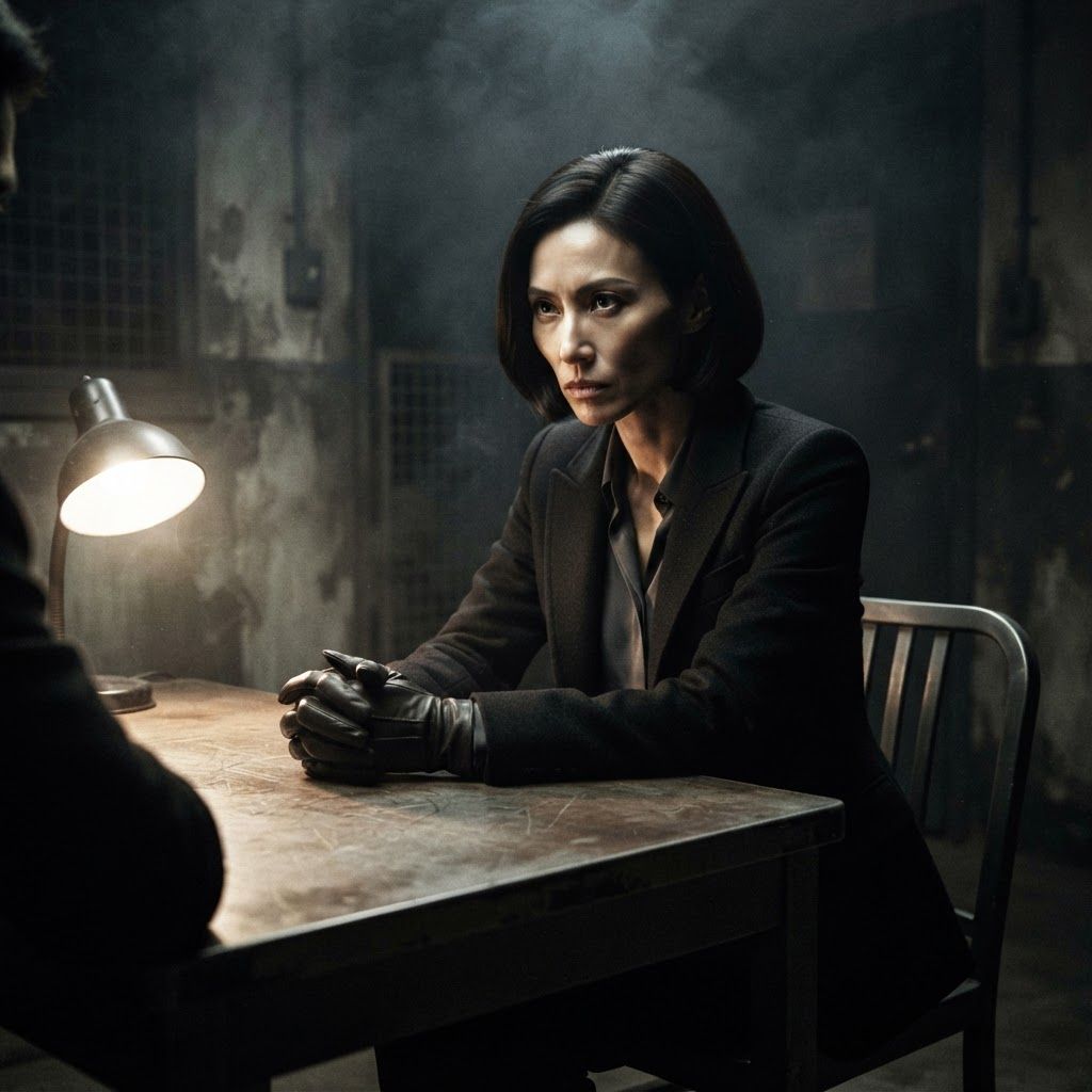 Interrogation Lamp: Three-quarter seated portrait in a bare interrogation room, one visible person leaning slightly forward with clasped gloved hands on the…