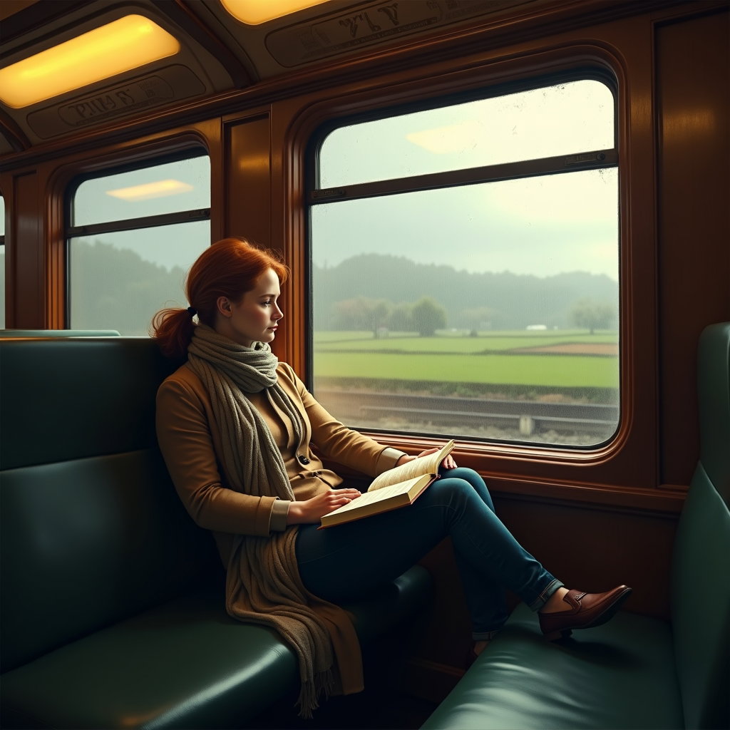 Train Window Study: Reflective full seated portrait in a nearly empty train carriage, one person curled slightly into the window corner with a long scarf…