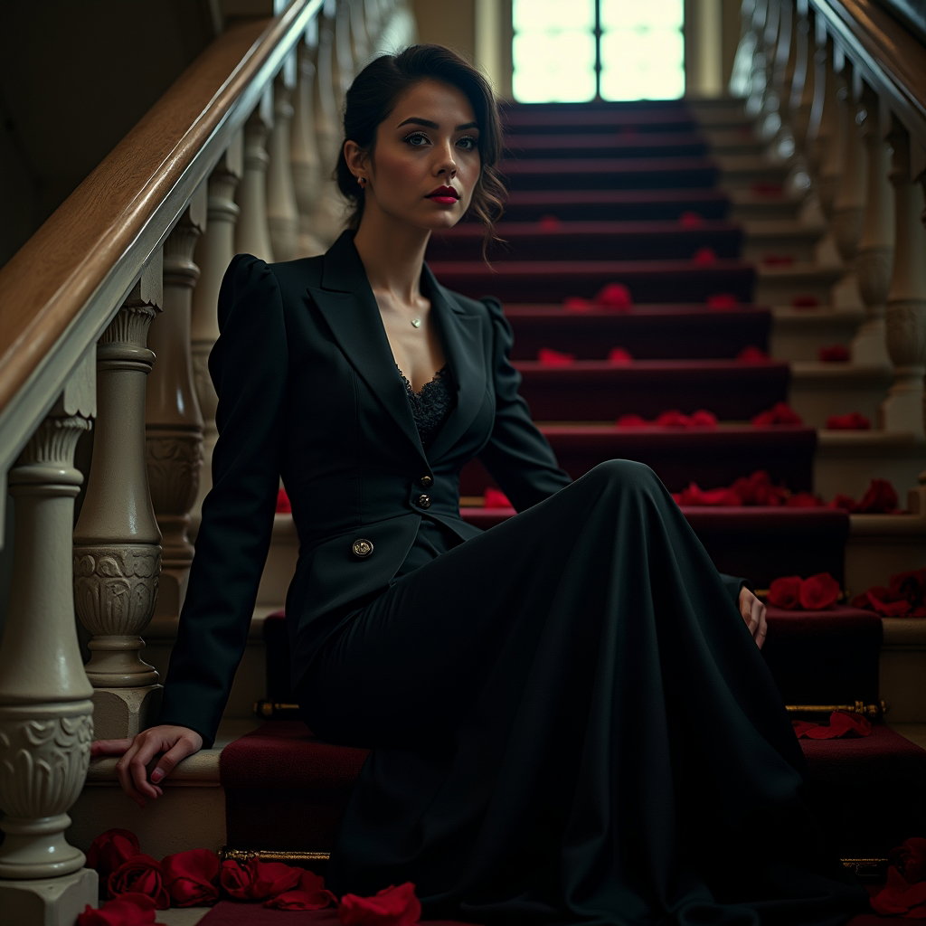 Regal Staircase Vampire Romance Portrait example: Cinematic gothic portrait photography. Half-body portrait seated on a regal staircase landing, one hand resting on the c