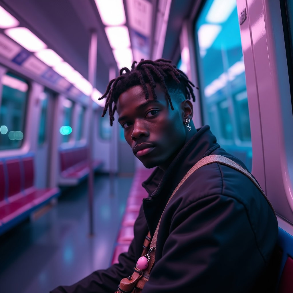 Pastel Idol by Day, Hunter by Night Portrait example: Cinematic fantasy character photo. Half-body portrait inside an empty late-night subway carriage, face fully visible, se
