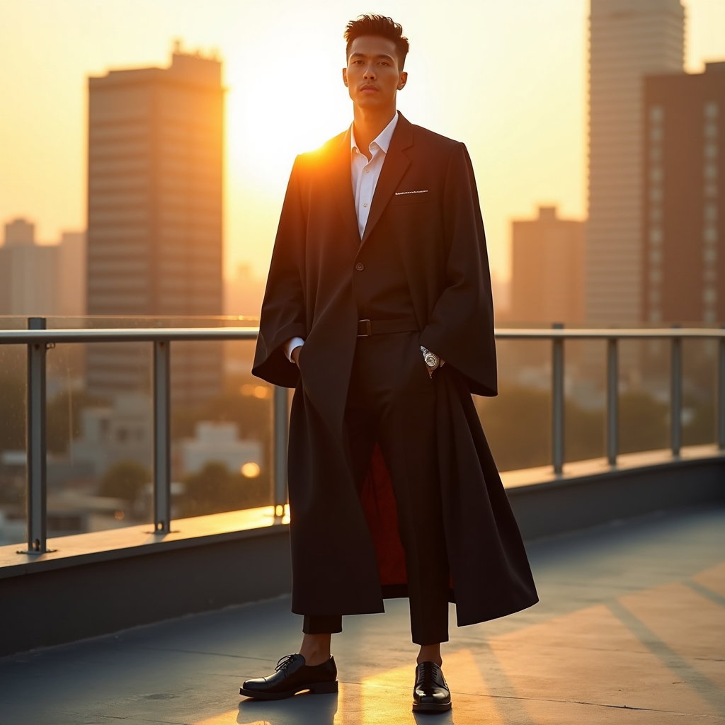 AI-generated photo: Fashion editorial photography, a full-body graduation fashion portrait staged on a rooftop overlooki...