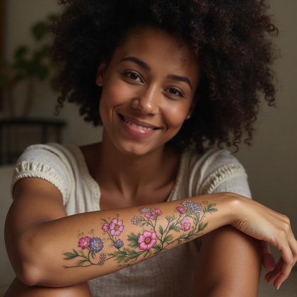 AI-generated photo: Photorealistic photography of a woman displaying a delicate, vintage-inspired floral tattoo on her f...