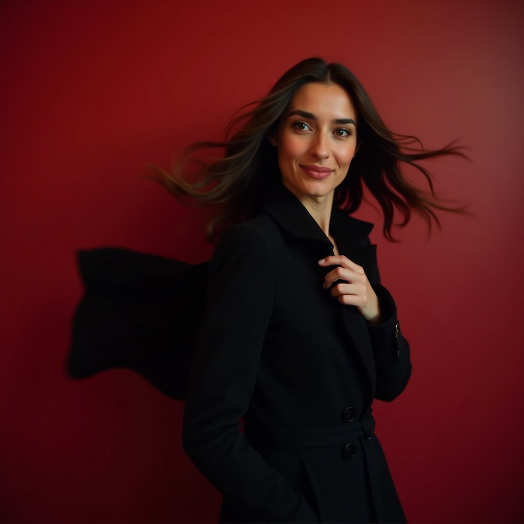 Simple Crimson Wall Half-Body Portrait example: Dating profile photo. Motion portrait against a simple crimson wall, capturing the subject mid-turn as a dark jacket or